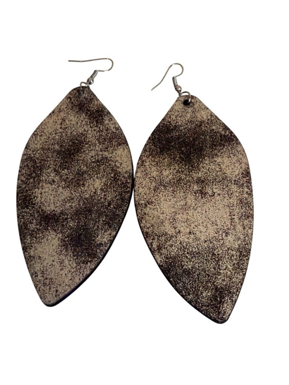 Leaf-Shaped Silver Textured Faux Leather Dangle Earrings Statement Lightweight